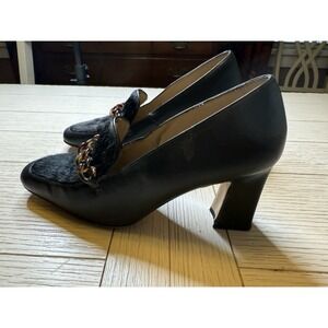 Stefani Vintage 70s Black 3" Block Heel Loafers W Fur Vamp & Tortoiseshell Chain